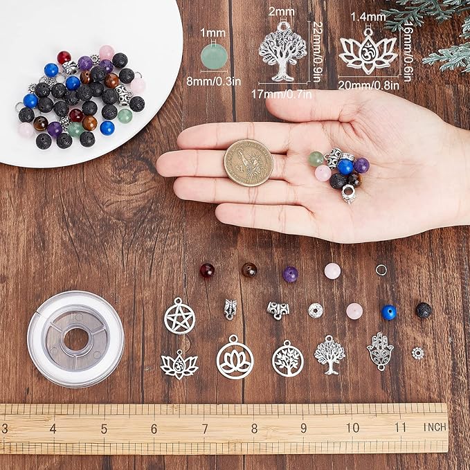 SUNNYCLUE 1 Box DIY 6 Pcs Yoga Charms Tree of Life Charms Bracelets Making Kit Hamsa Charm Lotus Flower Charms for Jewelry Making Beading Bracelet Kit Adults Tiger Eye Round Beads Lava Rock Bead Set