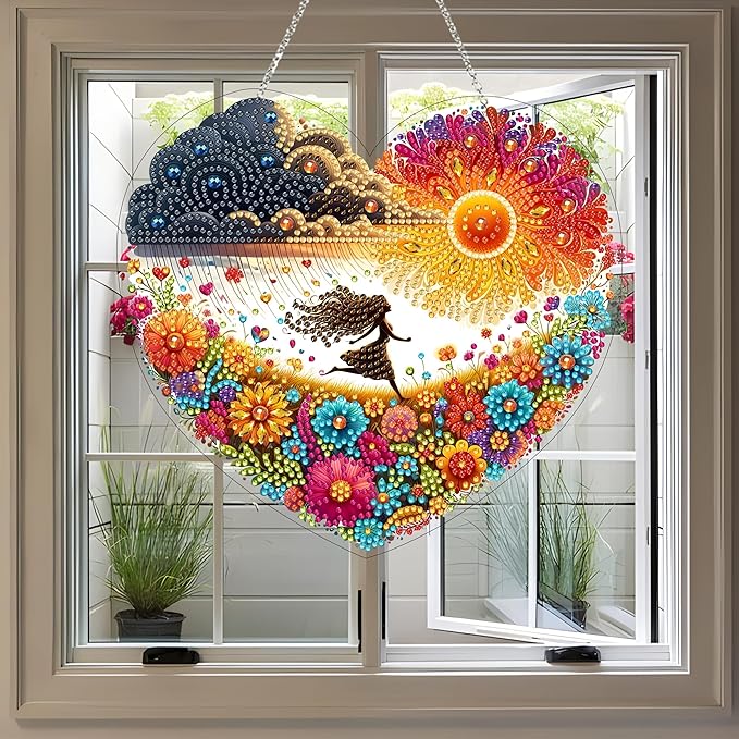 5D Diamond Art Hanging Kit for Adult,Special Shaped Rhinestone,Double Sided DIY Acrylic Diamond Art Painting Window Pendants Home Garden Wall Hanging Kits Hanging Ornament (Run to The Sun)