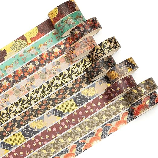 10 Rolls Sakura Washi Tape Set Japanese Arts Adhesive Tapes Gold Silver Foil Decorative Masking Tape Sets for Craft, Kids, Scrapbook, DIY, Gift Wrapping (Eternal Blossom)