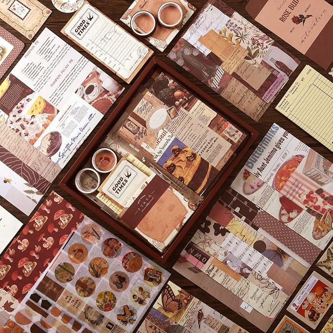 scrapbook supplies kit, vintage junk journaling supplies, scrapbooking kit with aesthetic ephemera stickers, stationary set, bullet journaling kit, collage craft supplies gift for adults women starter