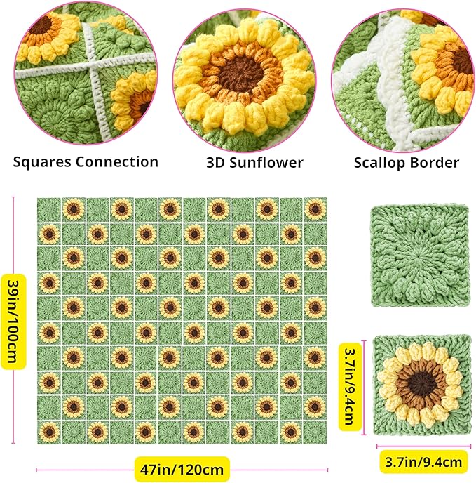 CSWCS Crochet Blanket Kit for Beginners, Sunflower Granny Square Crochet Blanket Kit for Adults, Easy Learn How to Knitting with Yarn Accessories Book & Video Tutorials for Starter (47" x 39")
