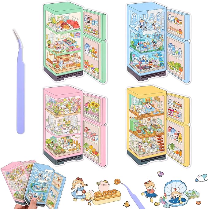 4 Sets DIY 3D House Scene Stickers, Fridge-Themed, Scene Miniature Stickers, Cute Cartoon Scenes for Women Girls Teen Kids, Make Your Own Sticker, Fun Room Sticker Book Relief Stress Pass The Time