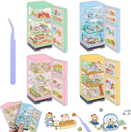 4 Sets DIY 3D House Scene Stickers, Fridge-Themed, Scene Miniature Stickers, Cute Cartoon Scenes for Women Girls Teen Kids, Make Your Own Sticker, Fun Room Sticker Book Relief Stress Pass The Time