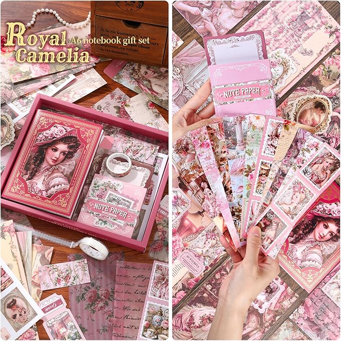 Scrapbooking Supplies Kit, Vintage Junk Journal Supplies, Scrapbook Kit with Aesthetic Ephemera Sticker, Cute Stationary Set, Bullet Journaling Kit, Collage Craft Supplies Gift for Adult Women Starter
