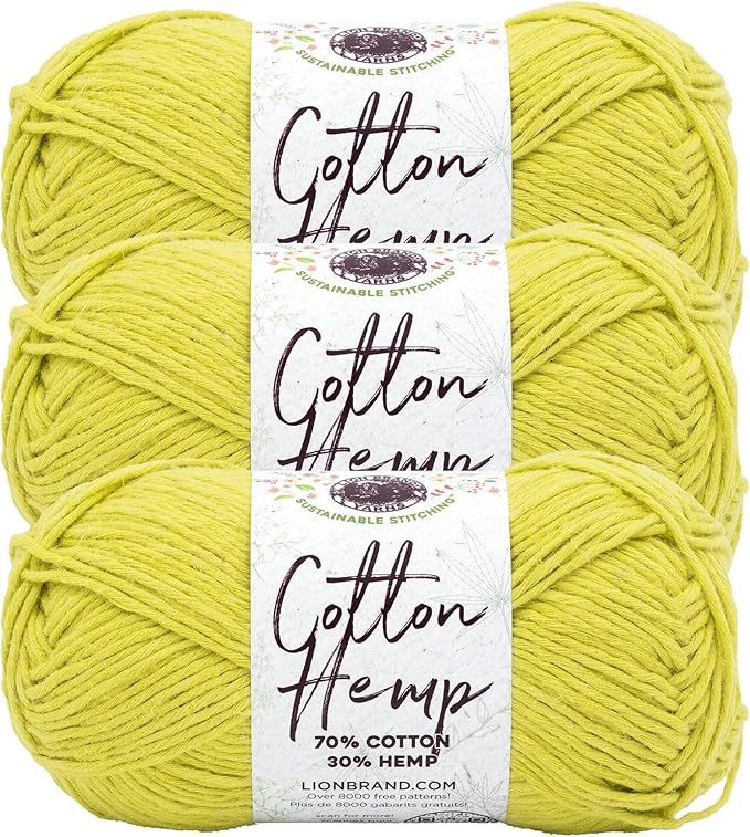 Lion Brand Yarn Cotton Hemp, Soft, Durable Yarn for Crochet and Knitting, 3 Pack, Citron