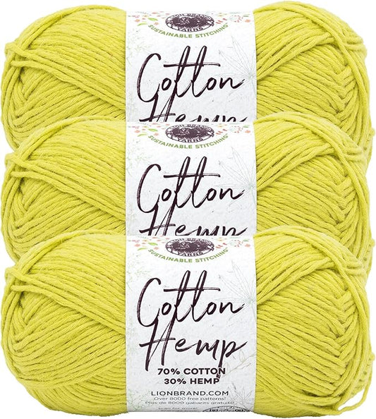 Lion Brand Yarn Cotton Hemp, Soft, Durable Yarn for Crochet and Knitting, 3 Pack, Citron