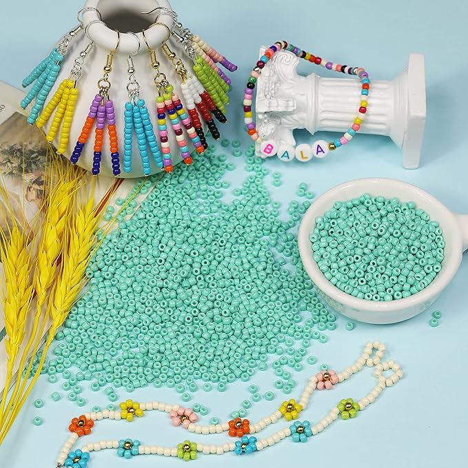 Bala&Fillic Turquoise Color 3mm Seed Beads About 3600pcs/100Grams in Bag, 8/0 Glass Craft Beads for Making Bracelet and Necklace (Turquoise)