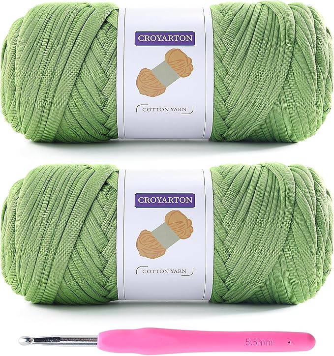 2 Pack T Shirt Yarn for Crocheting with 1 Crochet Hook, Elastic Tshirt Yarn for Crochet Bag/Baskets/Home Decor, Spaghetti Yarn Thick Knitting Yarn Total Length 130 Yds (Autumn Fragrant Green)