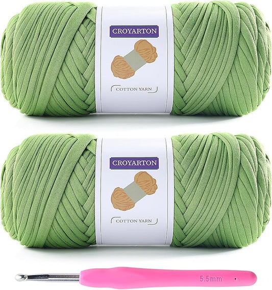2 Pack T Shirt Yarn for Crocheting with 1 Crochet Hook, Elastic Tshirt Yarn for Crochet Bag/Baskets/Home Decor, Spaghetti Yarn Thick Knitting Yarn Total Length 130 Yds (Autumn Fragrant Green)
