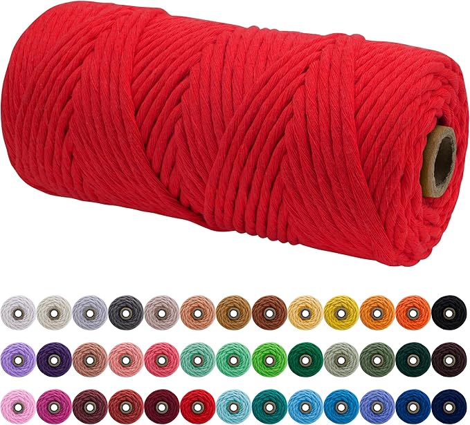 JeogYong Single Strand Macrame Cord 4mm x 109 Yards (328 Feet) Soft Cotton Rope Macrame Yarn 4 mm Macrame Cord, Macrame Supplies for Crafts Wall Hangings Plant Hangers Decorations (Red)