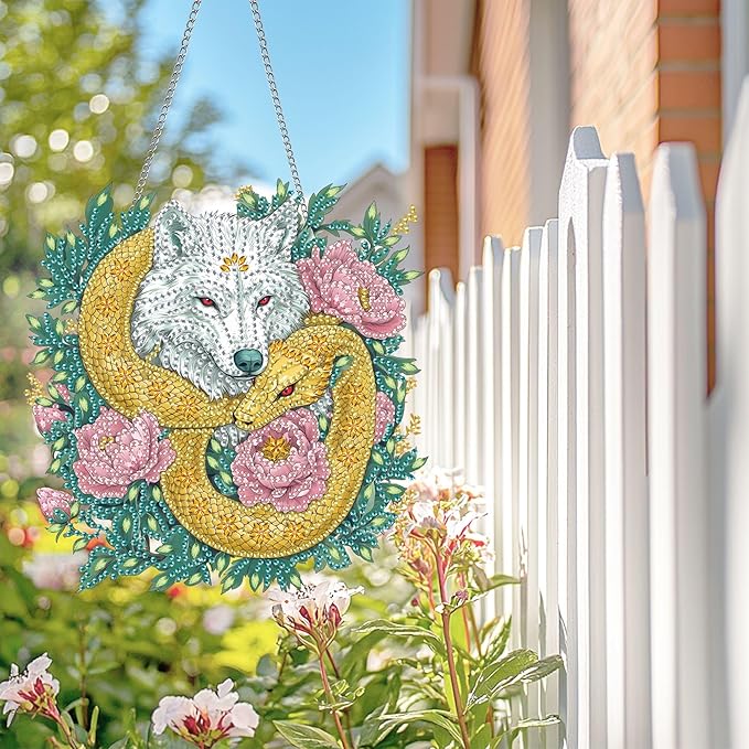 Wergund 5D DIY Wolf Diamond Art Hanging Kits, Hanging Diamond Art Flower, Acrylic Special Shaped Rhinestone, Window Hanging Pendants for Home Wall Garden Front Door Outdoor Decor Gift(Wolf)
