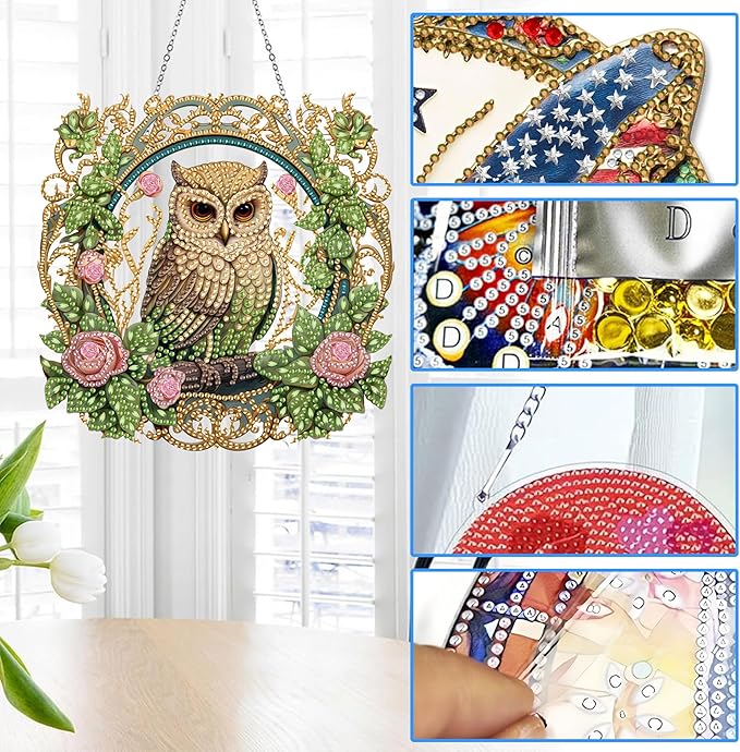 Reofrey Hanging Diamond Art Kits for Adults– 8x8Inch Owls Hanging Ornament Acrylic Board Double Sided Pattern Crystal Diamond Art Suncatcher Pendant, for Home Wall Window Decoration Handmade Gift