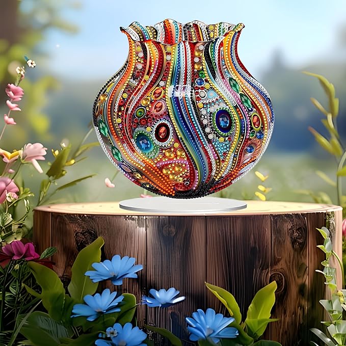 JJFox DIY Tabletop Diamond Art Painting Kit，Special Shaped Rhinestone Desk Placement Ornament，Home Stand Up Gem Painting Craft Kit，Gift,Double Sided. (Vase-1)