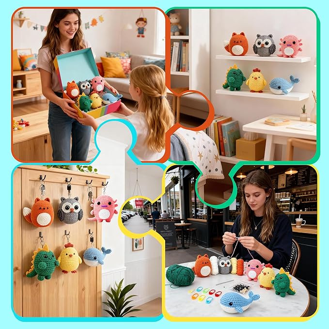 Joyclub 6 Pcs Crochet Kit for Beginners Crochet Starter Kits for Adults and Kids Great Birthday Gifts for Crocheting Lovers with Step by Step Video Amigurumi Animal Family Knitting Kit DIY Craft