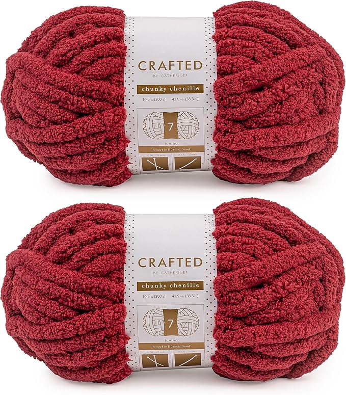 Crafted By Catherine Chunky Chenille Yarn - 2 Pack (41 Yards Each Skein), Dark Red, Gauge 7 Jumbo