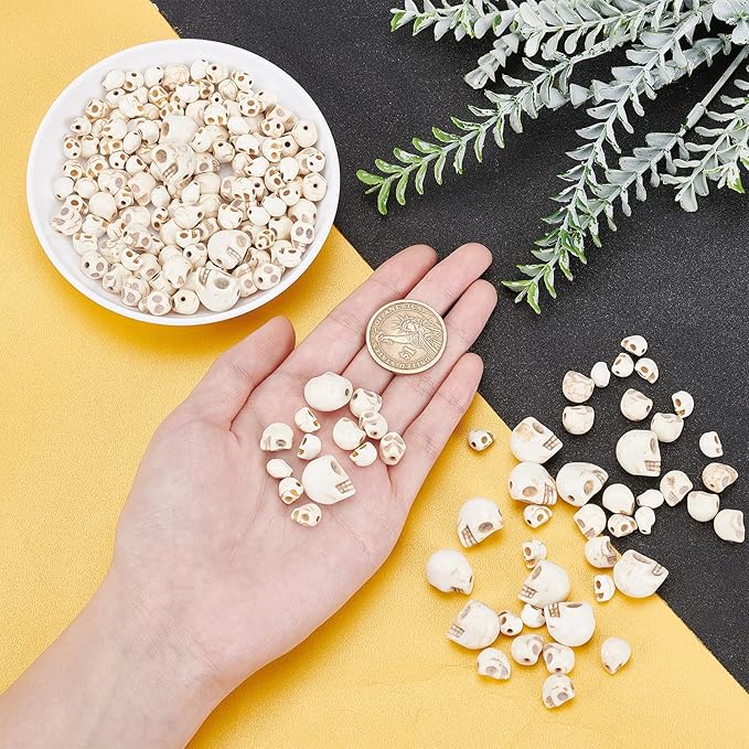 arricraft 200 Pcs 3 Sizes Skull Beads Creamy White, Synthetic Turquoise Bead Strands for Halloween Jewelry Making
