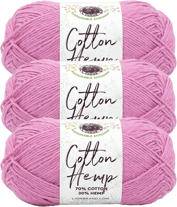 Lion Brand Yarn Cotton Hemp, Soft, Durable Yarn for Crochet and Knitting, 3 Pack, Pink Rose