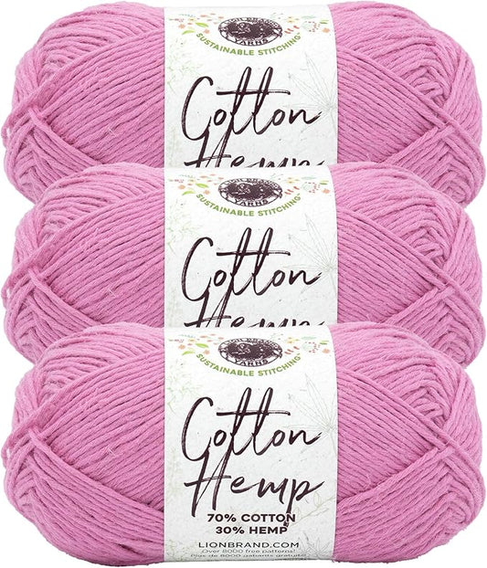 Lion Brand Yarn Cotton Hemp, Soft, Durable Yarn for Crochet and Knitting, 3 Pack, Pink Rose