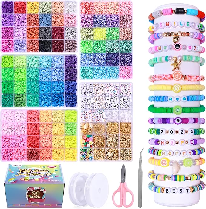 Tilhumt Clay Beads Bracelet Making Kit for Adult, 16000 Pcs 96 Colors Preppy Flat Polymer Clay Beads for Friendship Jewelry Making Polymer Heishi Bead with Charms Kit, Gifts for Art and Craft Lovers