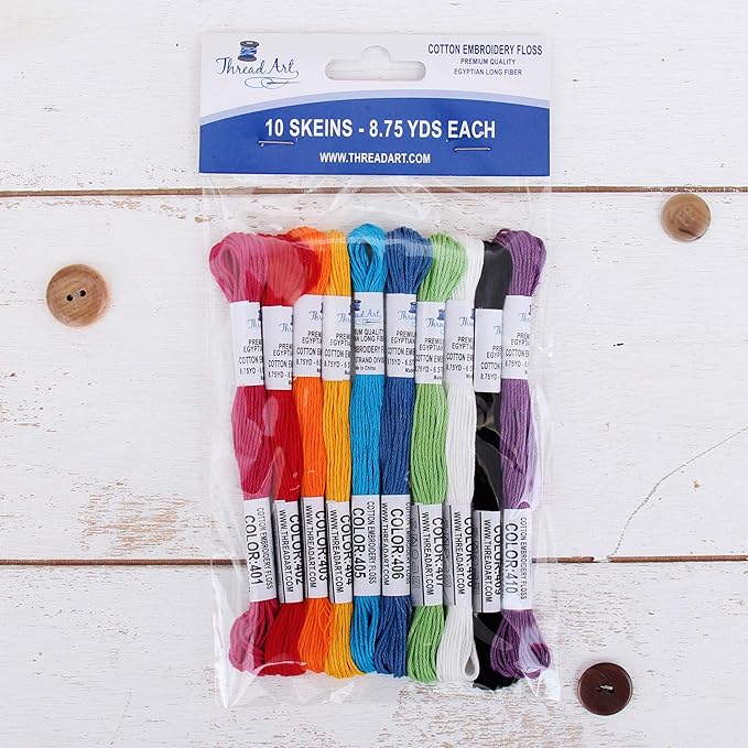 ThreadArt Premium Egyptian Long Fiber Cotton Embroidery Floss Thread Kit in Rainbow Bright Colors - Six Strand Set for Hand Embroidery, Friendship Bracelets, Cross stitch and Crafts