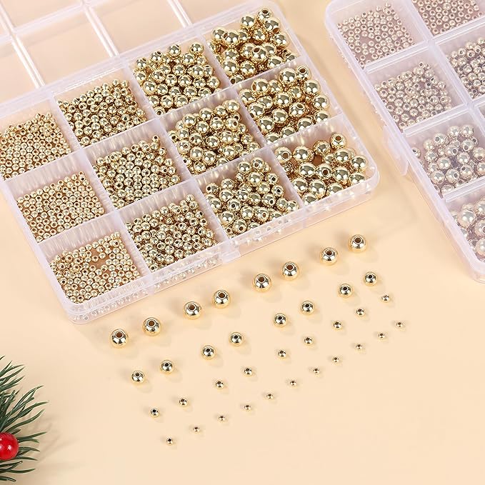 1100 Pcs Smooth Round Beads - 3/4/6/8mm Gold Spacer Loose Ball Bead Kits for Bracelet Jewelry Making