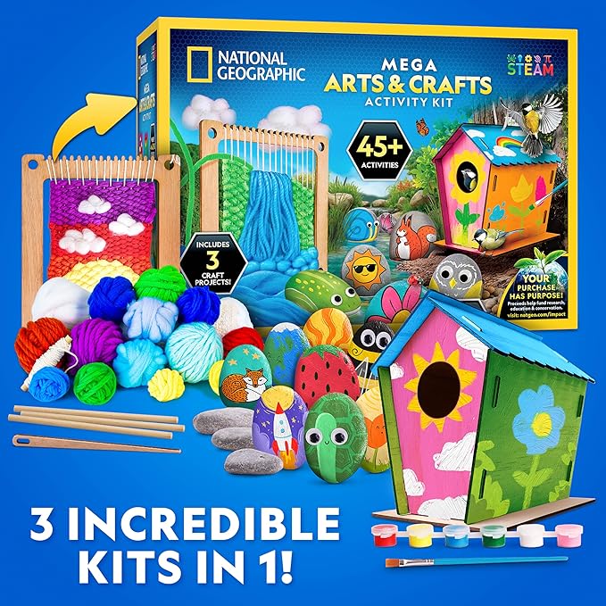 NATIONAL GEOGRAPHIC Mega Arts & Crafts Activity Kit – 3 Craft Kits in 1 to Build, Paint, Weave & Create, River Rock Painting Kit, Weaving Loom for Kids & DIY Birdhouse Craft with 25 Bonus Activities