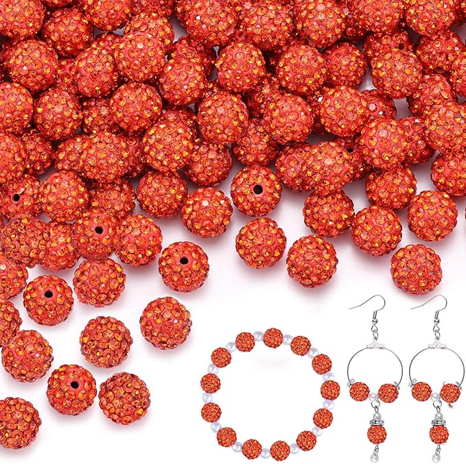 200pcs 10mm Orange Rhinestone Beads for Jewelry Making, Shiny Round Shamballa Disco Ball Beads Bulk, Sparkle Crystal Clay Christmas for Bracelet Baseball Necklace Earring Crafting and DIY