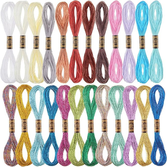 WILLBOND 24 Pcs Metallic & Cotton Embroidery Floss, 24 Vibrant Colors, Polyester Blend, 8.75 Yards Each, Ideal for Embroidery, Cross-Stitch, DIY Crafts