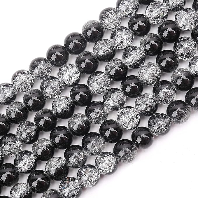 80PCs 10mm Black Crackle Glass Beads Bulk, Round Smooth Hole Glass Crystal Beads for Jewelry Making, DIY Bracelets, Necklaces, Bag Charms, Keychains and Craft Projects