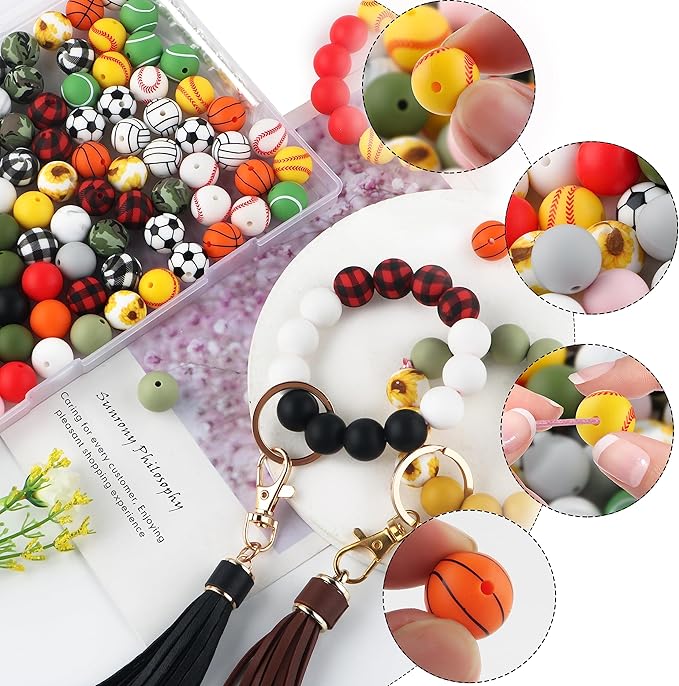 Sunrony 100pcs Sports Silicone Beads 15mm, Basketball Football Volleyball Tennis Ball Baseball Prints Silicone Beads for Keychain Making, Necklace Bracelet Making(Sports)