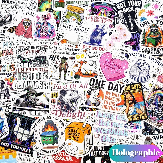 200 pcs funny holographic stickers for adults, waterproof vinyl sarcastic meme decals for laptop, water bottle, phone, kindle, journal, scrapbook, bumper, skateboard, luggage, no repeats