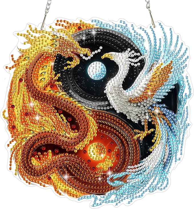MEIYUDA Dargon Phoenix Diamond Art Hanging Kits for Adult, Yin Yang Diamond Painting Hanging Kits Ornaments, DIY Special Shaped Rhinestone Window Pendants Kit for Home Garden Wall Decor Gift