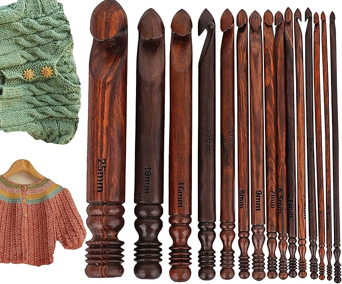 Wooden Crochet Hooks Set (15 pcs, 3.5mm(E) to 25mm(P) - Engraved Rosewood Knitting Needles for Crocheting and Knitting, Crochet Hooks Ergonomic Soft Grip Handle