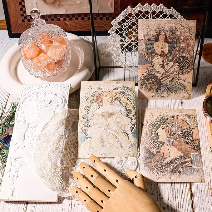 CATaireen Vintage Junk-Journal Mixed Paper Scrapbooking Embellishments Set Retro Journaling Decoupage Stickers Textured Packaging Decorative Cards Tags Kit (Old Lady)