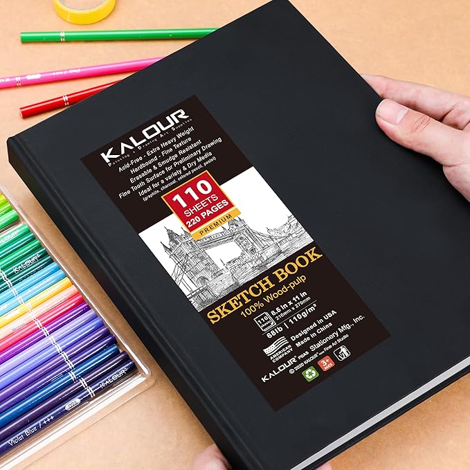 Kalour Hardcover Sketch Book,8-1/2 inch x 11 inch, 110-Sheets (68lb/110gsm),Acid Free Art Sketchbook, Artistic Drawing Painting Writing Paper for Adults Beginners Artists