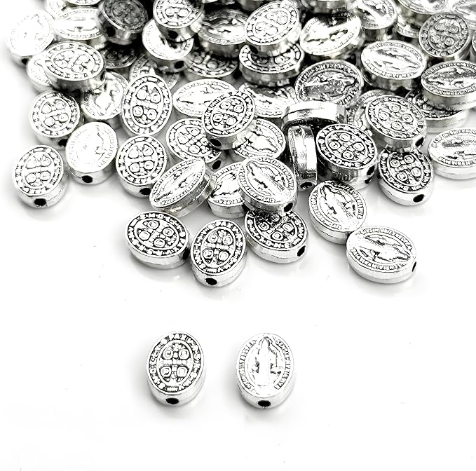 100pcs 8mm St. Benedict Cross Beads – Oval Double-Sided Zinc Catholic Rosary Beads for Jewelry Making, Bracelet & Necklace DIY Accessories – Religious Catholic Craft Supplies