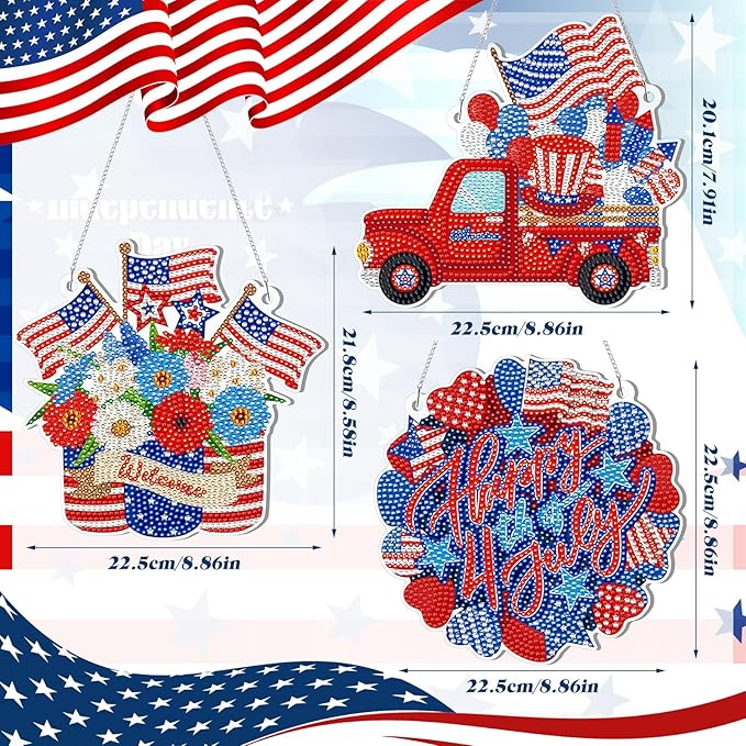 Yousoontic 3 Pcs 4th of July Diamond Art Kit 5d Patriotic Hanging Sign Memorial Day Diamond Painting Acrylic American Flag Ornament Independence 250th Anniversary Welcome Sign for Home Wall Door