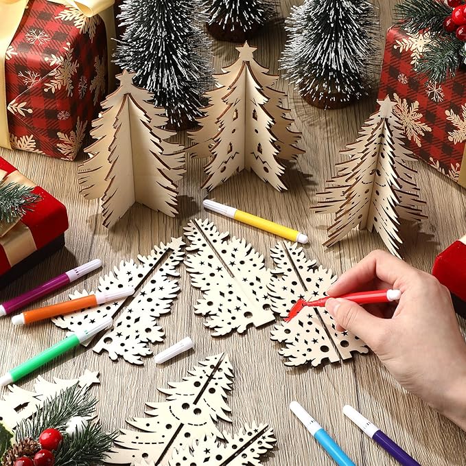 Blosssound 48 Pcs Christmas Craft Set 36 Pcs 3D Wood Tree Cutouts Wooden Unfinished Tree Slices to Paint with 12 Colored Markers for Winter Xmas Xmas DIY Handmade Projects Tiered Tray Decor