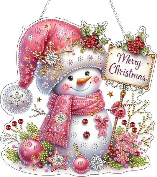 Diamond Art Hanging Kit for Adult,Special Shaped Rhinestone,DIY Acrylic Diamond Art Painting Window Pendants Home Garden Wall Hanging Kits Hanging Ornament,Double Sided. (Christmas Snowman-2)