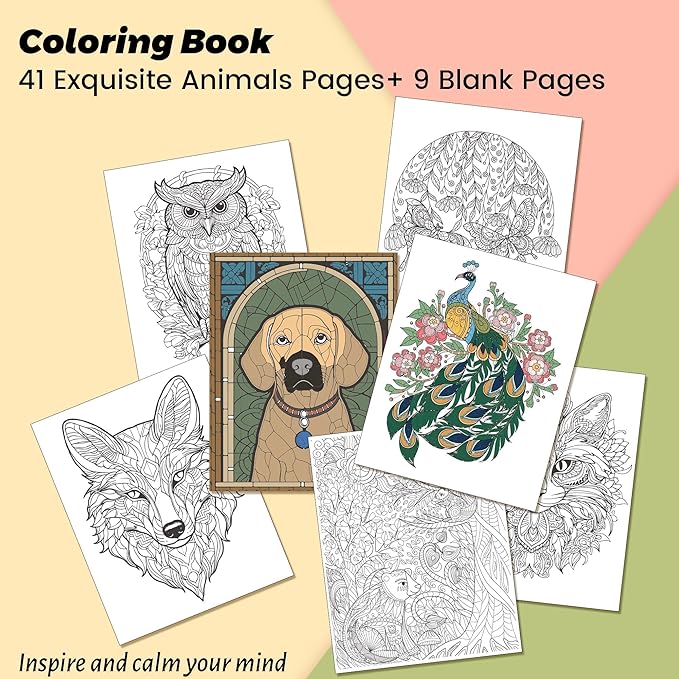Animal Coloring Book for Adults 41 Unique Single Sided Patterns and 9 Blank Pages with 12 Colored Pencils Set 130GSM Thick Paper Stress Relief & Mindfulness Gift for Women Men, 8.5 X 11in