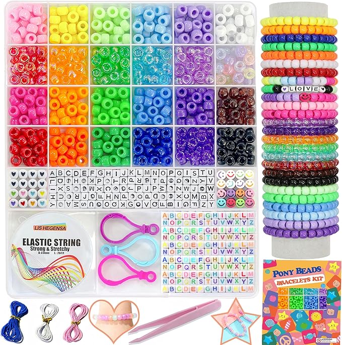 lis hegensa pony beads bulk,kandi beads for necklace jewelry making hair braiding,bracelets making kits,hair bead,bracelet plastic bead for crafts braids girls(24 color,1000pcs)