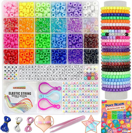 lis hegensa pony beads bulk,kandi beads for necklace jewelry making hair braiding,bracelets making kits,hair bead,bracelet plastic bead for crafts braids girls(24 color,1000pcs)