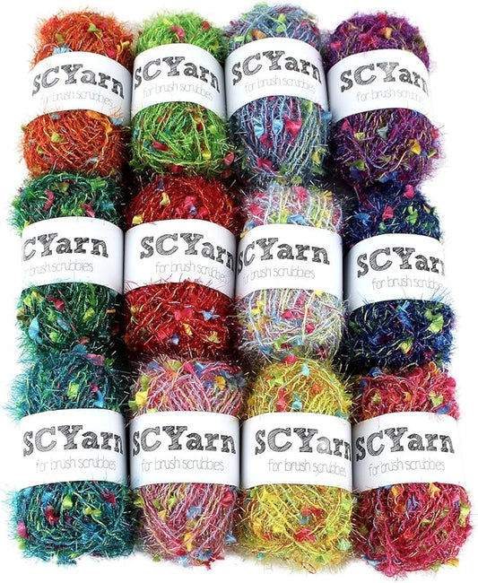 for Scrubbies 12 Skeins Bonbons Yarn Assorted Colors 100% Polyester for Scrubbies Crochet and Knitting Project - Total 648 Yards Craft Kit (Brush)