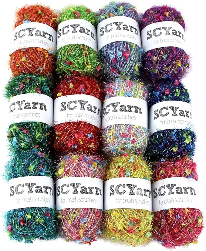 for Scrubbies 12 Skeins Bonbons Yarn Assorted Colors 100% Polyester for Scrubbies Crochet and Knitting Project - Total 648 Yards Craft Kit (Brush)