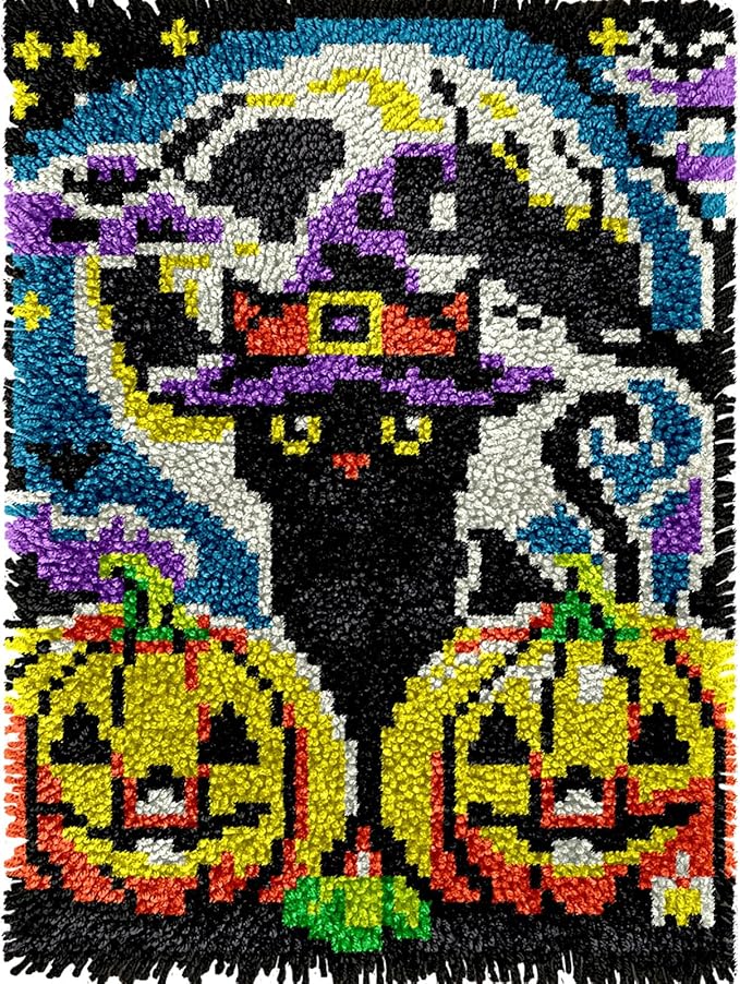 veirousa Halloween Latch Hook Rug Kits for Adults Beginners, Black Cat Pumpkin Pre-Printed Hook and Latch Carpet Making Kits for Wall Hanging & Home Decor 15x20 Inch
