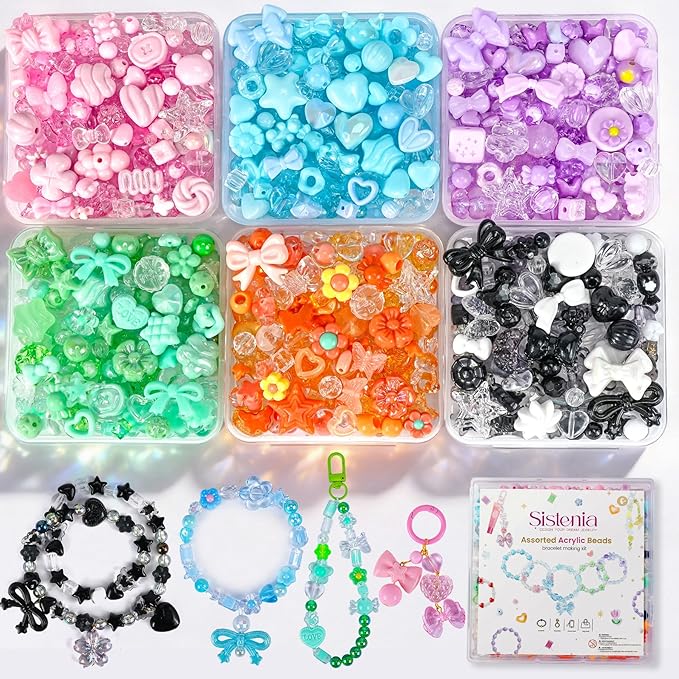 480Pcs Assorted Beads Bracelet Making Kit with String, 6 Colors Cute Stuff Acrylic Charms for Jewelry Making Crafts Kawaii Bow Star Flower Shaped Bead for DIY Keychain Bag Lipgloss Charms