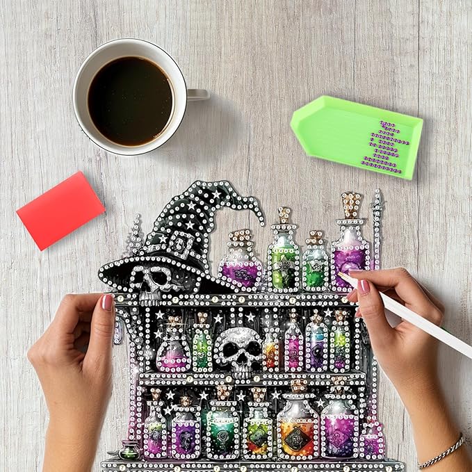 SENQAO Halloween Diamond Art Hanging Kits for Adults Beginners, DIY Acrylic 5D Special Shaped Crystal Diamond Gem Art Painting Hanging Ornament for Home Wall Decor and Gift（Magic Potion Skull）