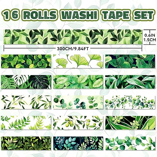 Botanical Green Washi Tape Set- 16 Rolls Leaf Themed Decorative Tape for Journals & Nature Crafts Scrapbooks (0.6" x 10 ft) - Monstera, Bamboo, Olive, Ginkgo, Mint Leaves
