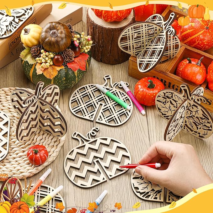 Huwena 36 Pcs Fall Crafts Set 24 Pumpkin Wood Cutouts for Thanksgiving Crafts 3D Unfinished Pumpkin Wooden Slices with 12 Colored Markers for Autumn Harvest DIY Table Tiered Tray Decor