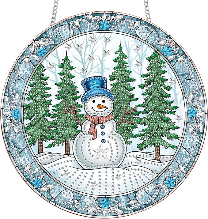 Reofrey Hanging Diamond Art Kits for Adults - 8x8 Inch Christmas Snowman Acrylic Board Double Sided Pattern Crystal Small Diamond Art Suncatcher Pendant, for Home Wall Window Decoration Handmade Gift